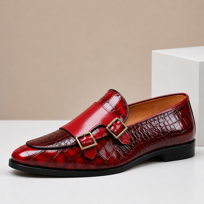 Men's Embossed Leather Double-Buckle Loafers in Black | Hensley London