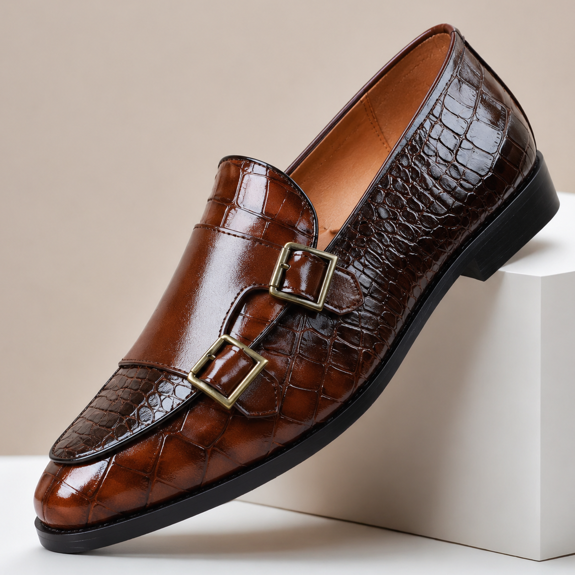 Men's Embossed Leather Double-Buckle Loafers in Brown | Hensley London