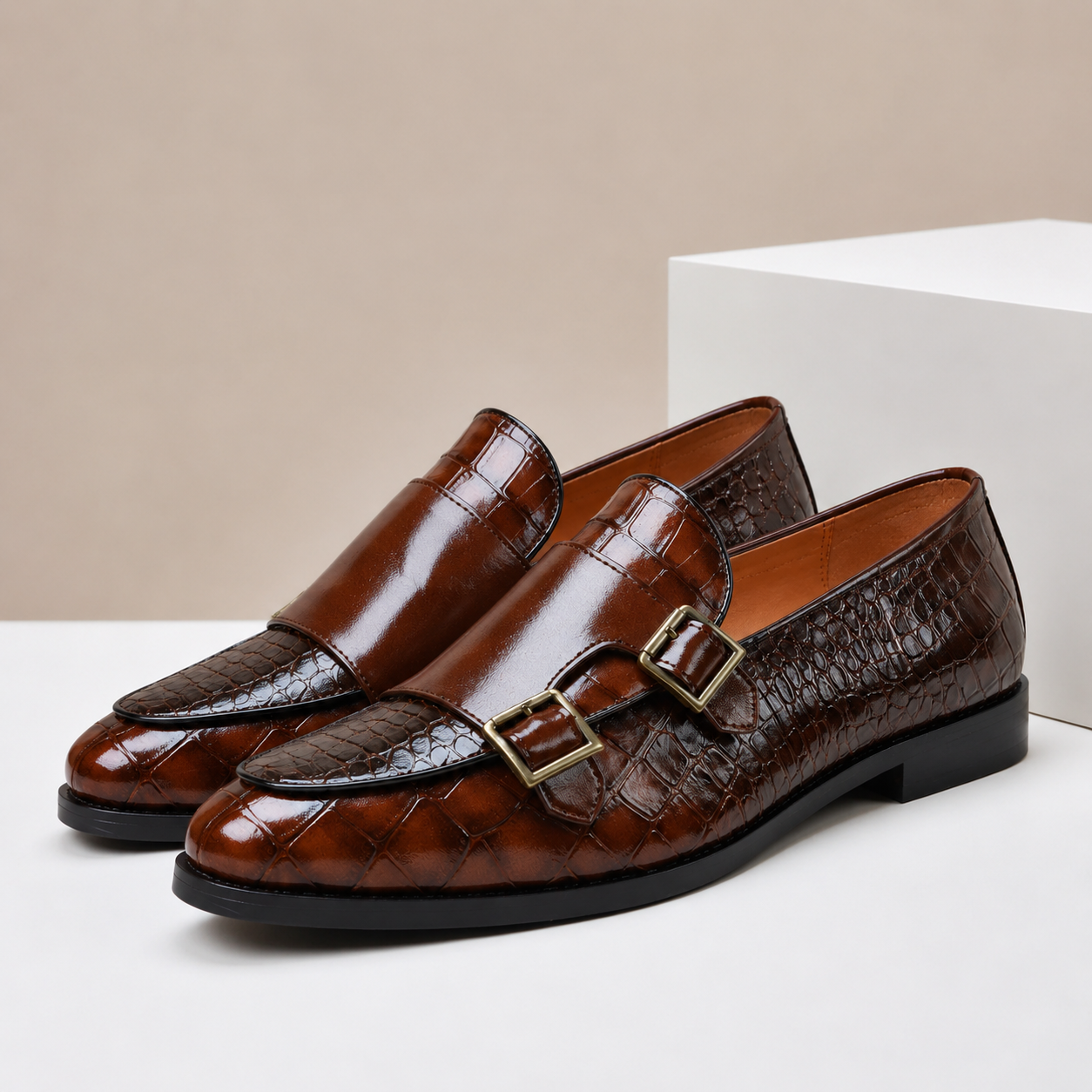 Men's Embossed Leather Double-Buckle Loafers in Red | Hensley London