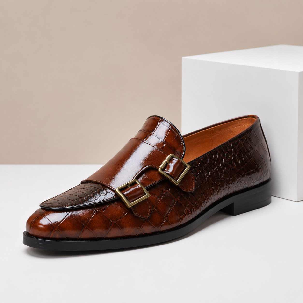 Men's Embossed Leather Double-Buckle Loafers in Silver | Hensley London