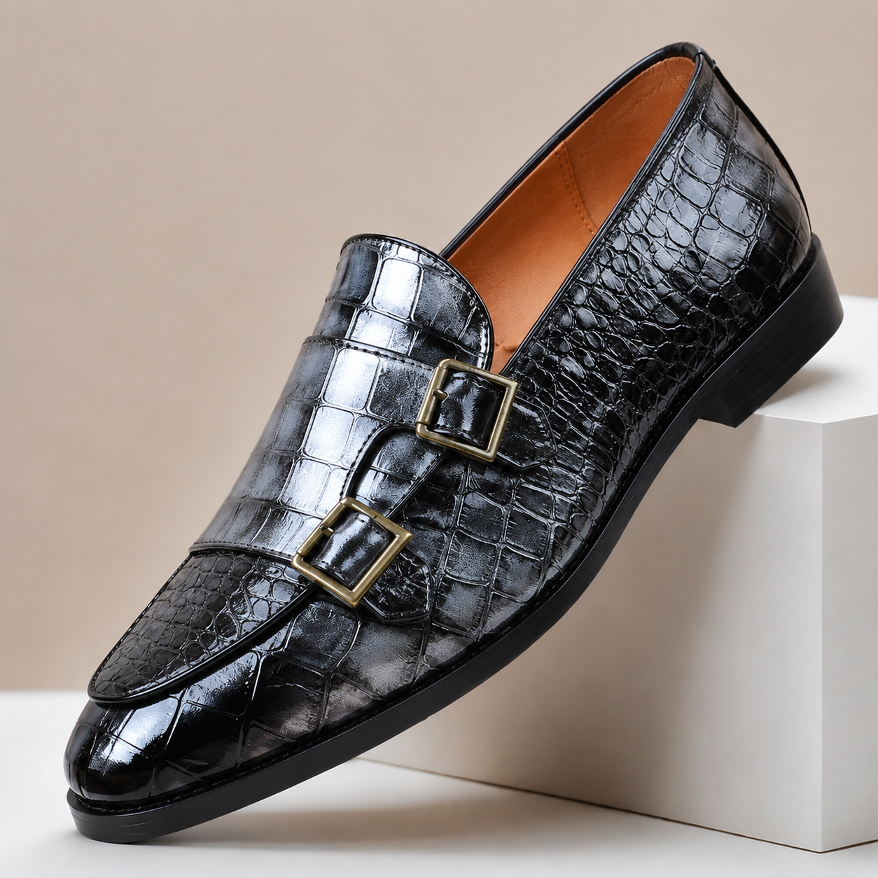 Men's Embossed Leather Double-Buckle Loafers – buckle detail | Hensley London