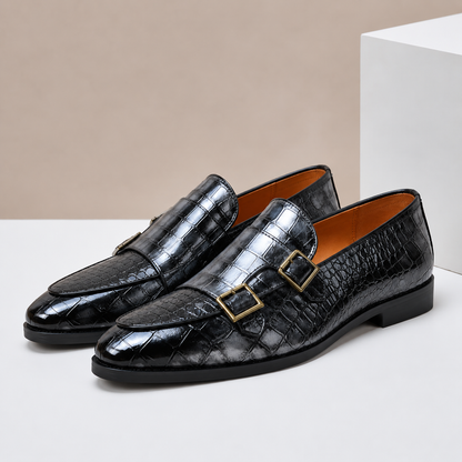 Men's Embossed Leather Double-Buckle Loafers – texture detail | Hensley London