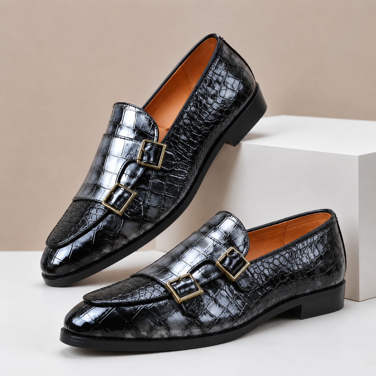 Men's Embossed Leather Double-Buckle Loafers – sole view | Hensley London