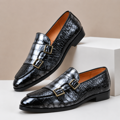 Men's Embossed Leather Double-Buckle Loafers – sole view | Hensley London