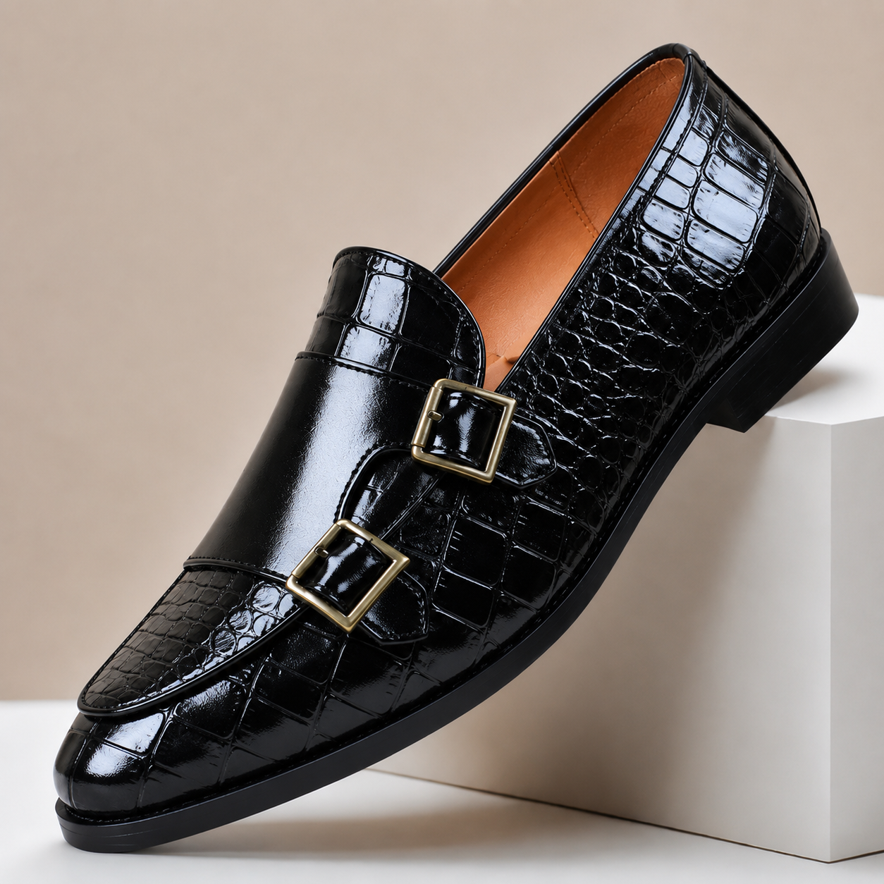 Men's Embossed Leather Double-Buckle Loafers – pair view | Hensley London