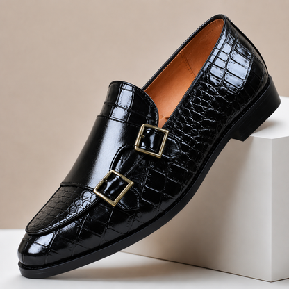 Men's Embossed Leather Double-Buckle Loafers – pair view | Hensley London