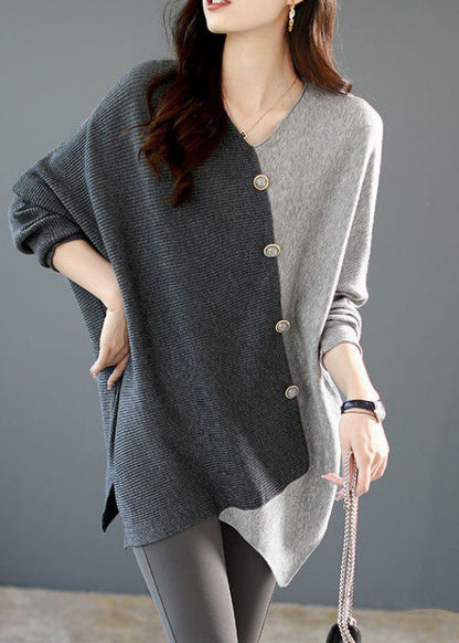 Women's Knit Shirt Grey Asymmetrical Patchwork - 1