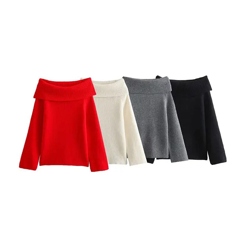 Casual Off-Shoulder Long Sleeves Knitted Slim Fitting Sweater 4