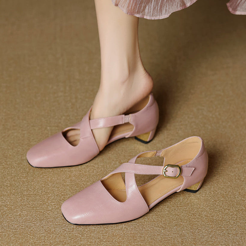 Women's Leather Cross-Strap Heels in Pink – front view | Hensley London