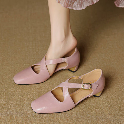Women's Leather Cross-Strap Heels in Pink – front view | Hensley London