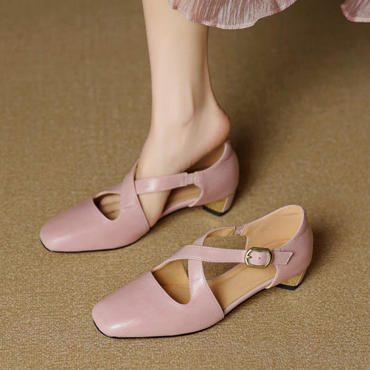 Women's Leather Cross-Strap Heels in Pink – front view | Hensley London