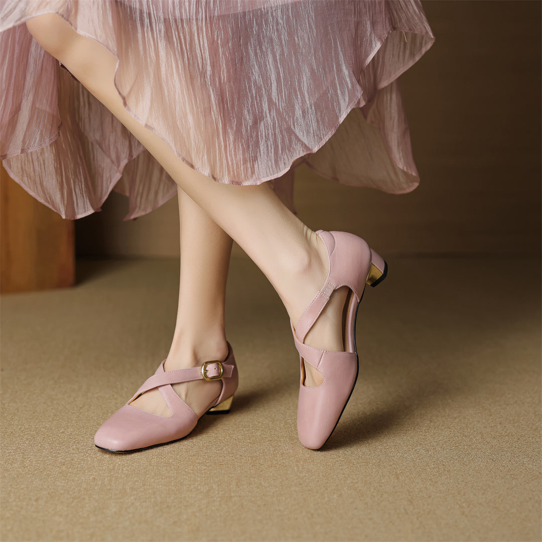 Women's Leather Cross-Strap Heels in Pink – side view | Hensley London