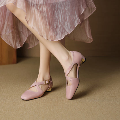 Women's Leather Cross-Strap Heels in Pink – side view | Hensley London