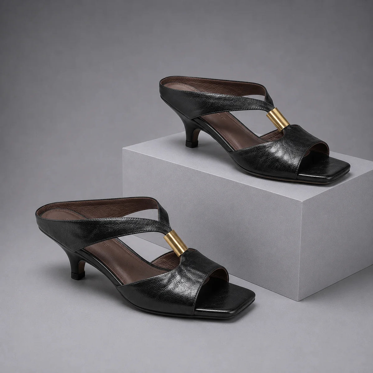 Women's T-Strap Kitten-Heel Mules in Charcoal – product view | Hensley London