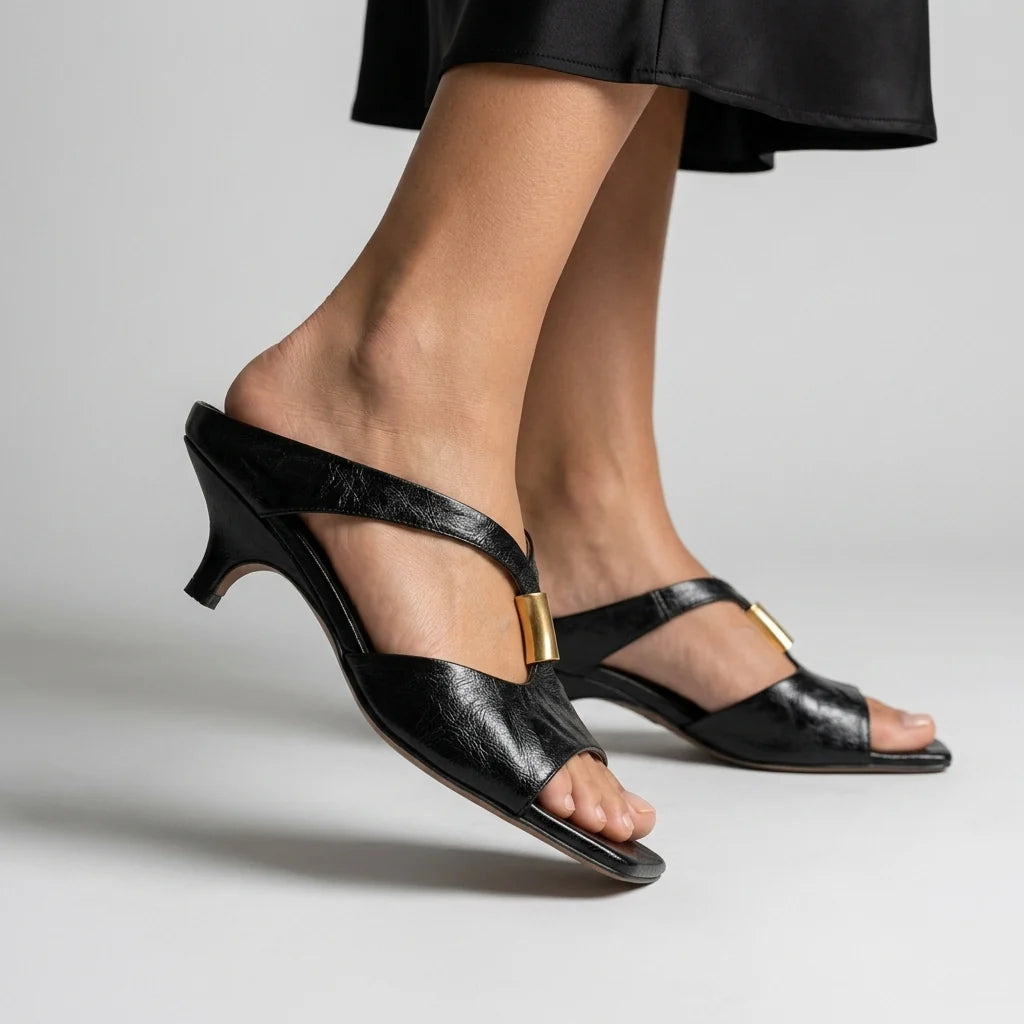 Women's T-Strap Kitten-Heel Mules – product view | Hensley London