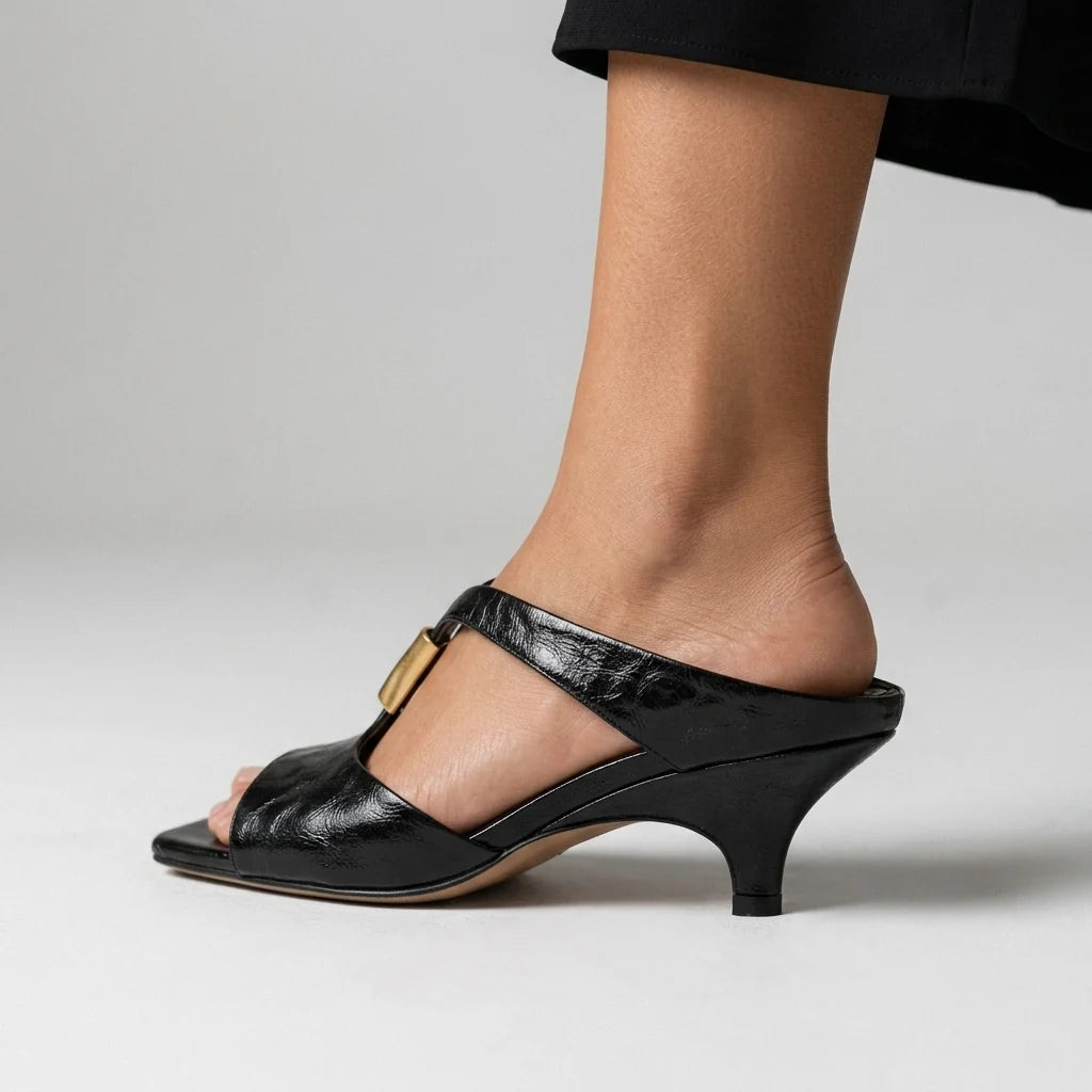 Women's T-Strap Kitten-Heel Mules – product view | Hensley London