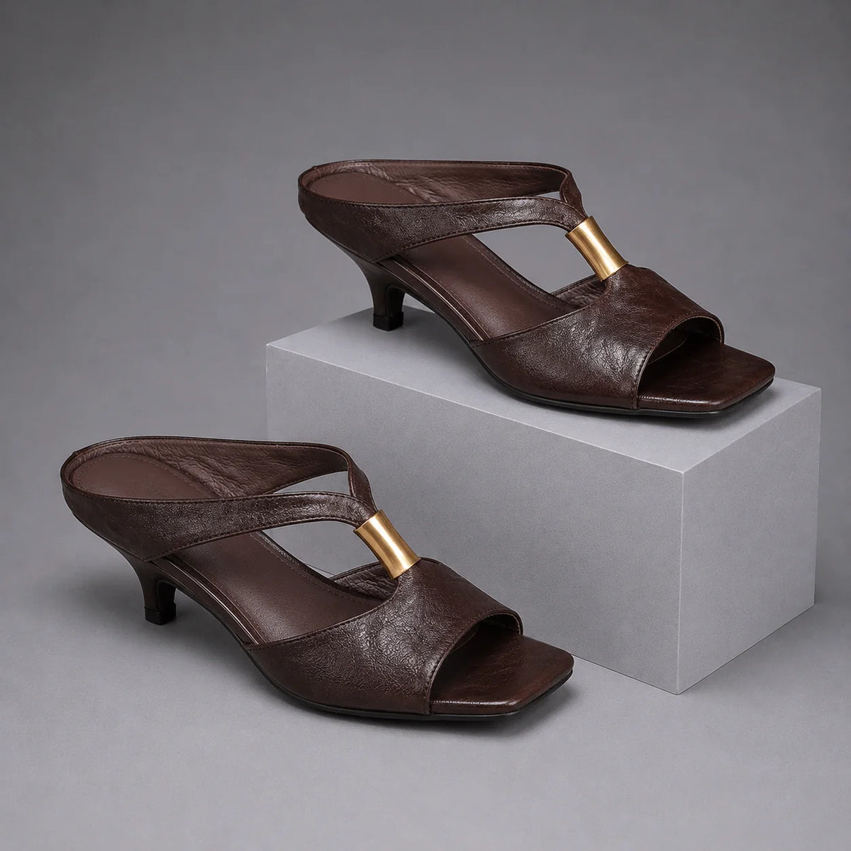 Women's T-Strap Kitten-Heel Mules in Sienna Brown – product view | Hensley London