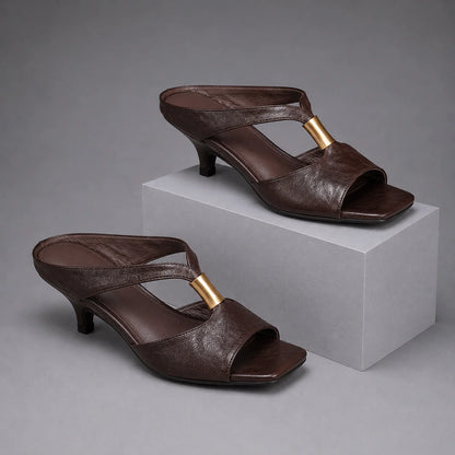 Women's T-Strap Kitten-Heel Mules in Sienna Brown – product view | Hensley London