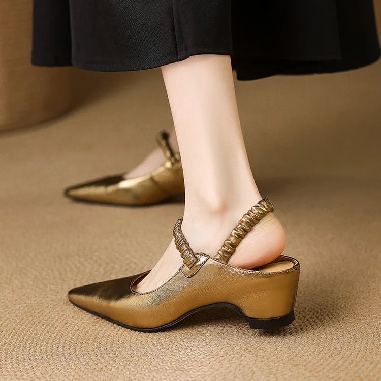 Women's Metallic Pointed-Toe Strap Block Heels – Product view | Hensley London