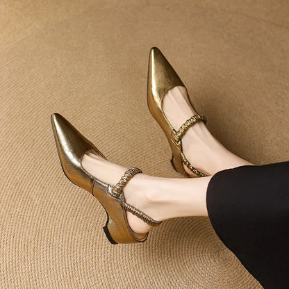 Women's Metallic Pointed-Toe Strap Block Heels – Product view | Hensley London