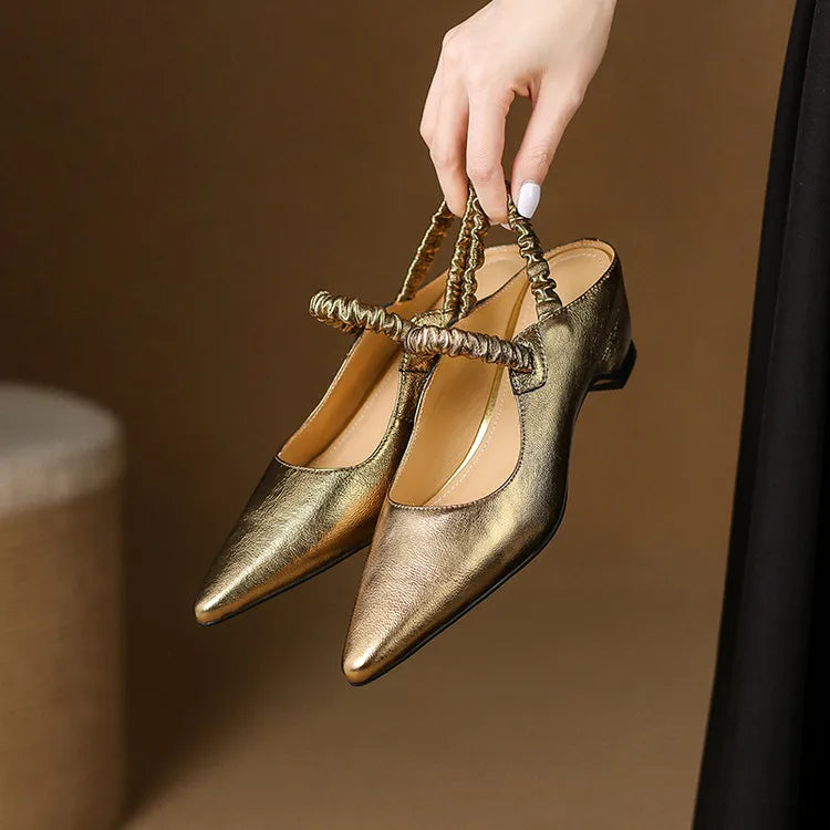 Women's Metallic Pointed-Toe Strap Block Heels – Product view | Hensley London