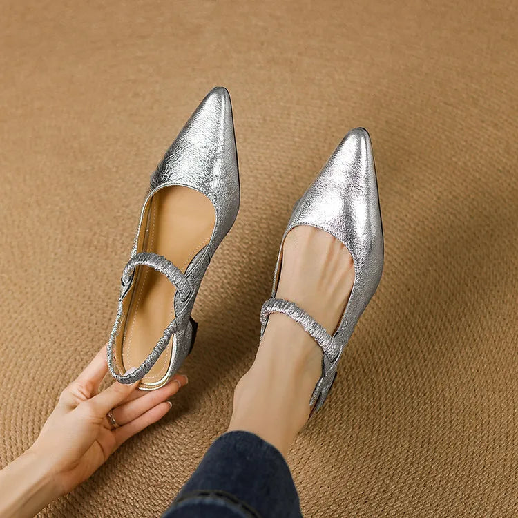 Women's Metallic Pointed-Toe Strap Block Heels – Product view | Hensley London