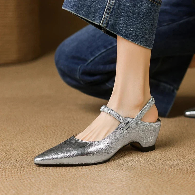 Women's Metallic Pointed-Toe Strap Block Heels – Product view | Hensley London
