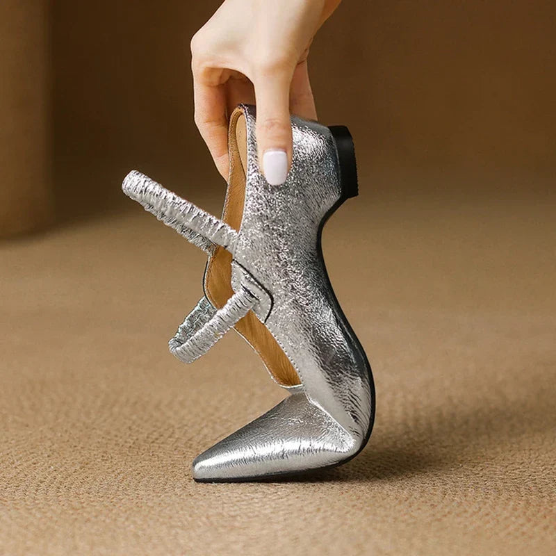 Women's Metallic Pointed-Toe Strap Block Heels – Product view | Hensley London