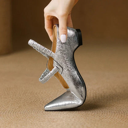 Women's Metallic Pointed-Toe Strap Block Heels – Product view | Hensley London