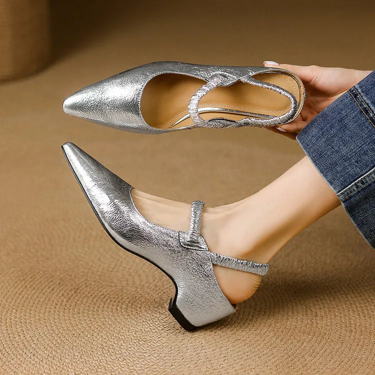 Women's Metallic Pointed-Toe Strap Block Heels in Silver – Product view | Hensley London