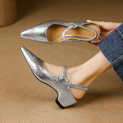 Women's Metallic Pointed-Toe Strap Block Heels in Silver – Product view | Hensley London
