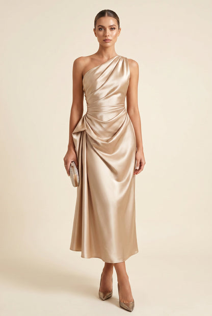Women's Cocktail Dress Champagne Gold One Shoulder Polyester Midi - 1
