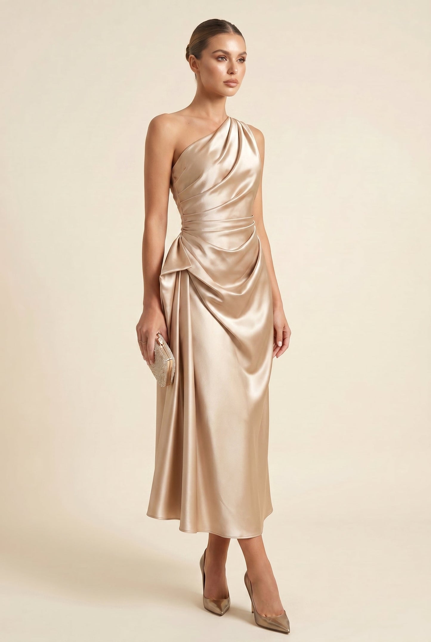 Women's Cocktail Dress Champagne Gold One Shoulder Polyester Midi - 3