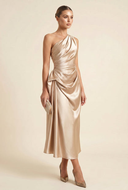 Women's Cocktail Dress Champagne Gold One Shoulder Polyester Midi - 3