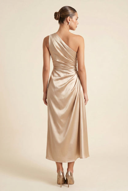 Women's Cocktail Dress Champagne Gold One Shoulder Polyester Midi - 4