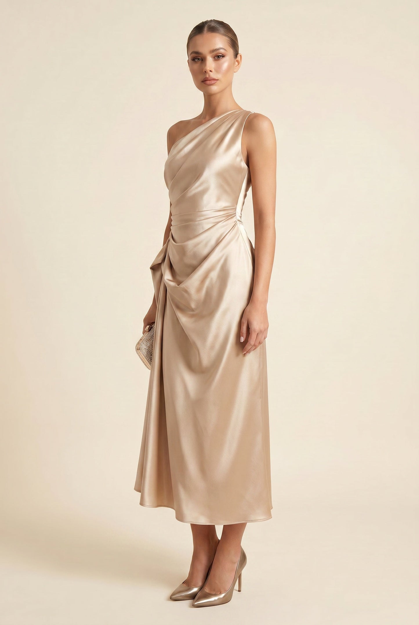 Women's Cocktail Dress Champagne Gold One Shoulder Polyester Midi - 5