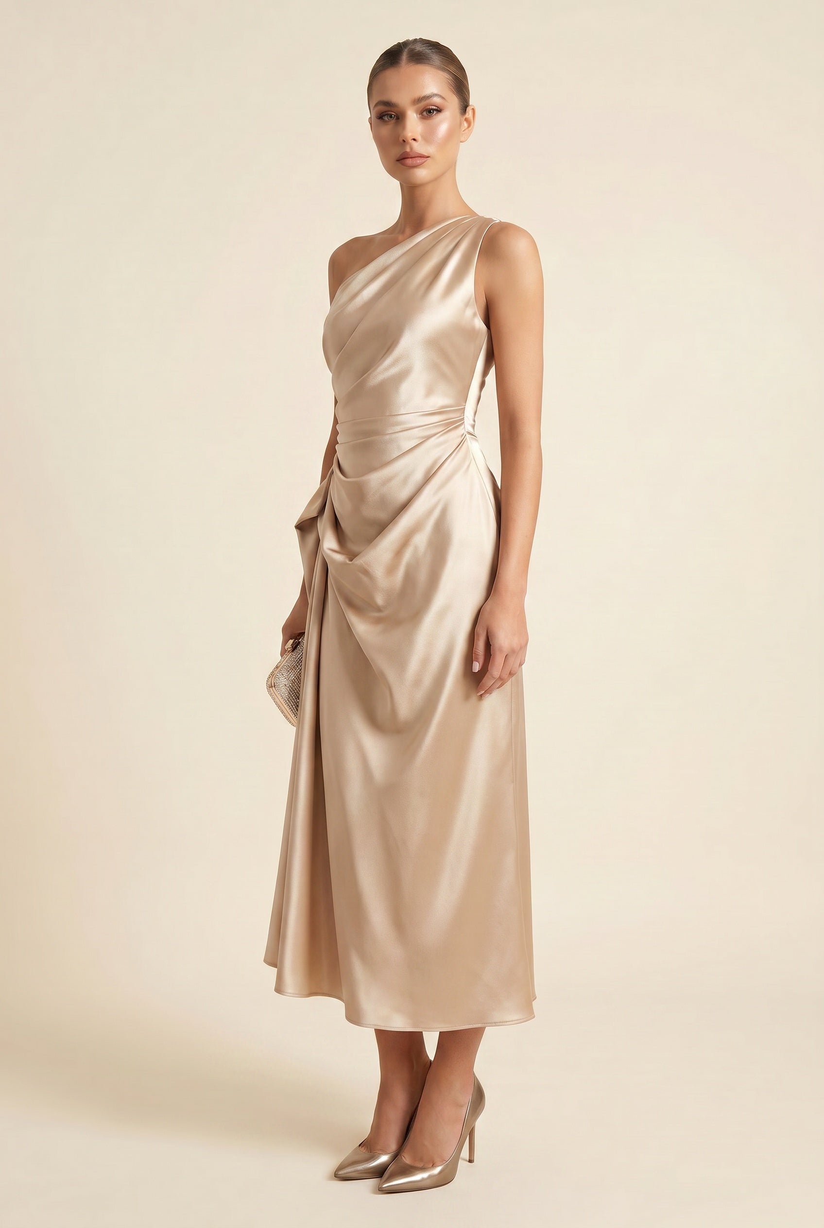 Women's Cocktail Dress Champagne Gold One Shoulder Polyester Midi - 5