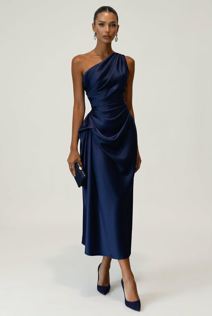 Women's Cocktail Dress Champagne Gold One Shoulder Polyester Midi - 9