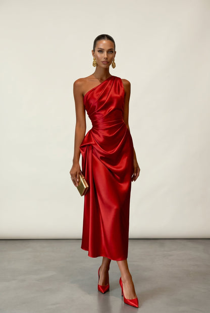 Women's Cocktail Dress Champagne Gold One Shoulder Polyester Midi - 10