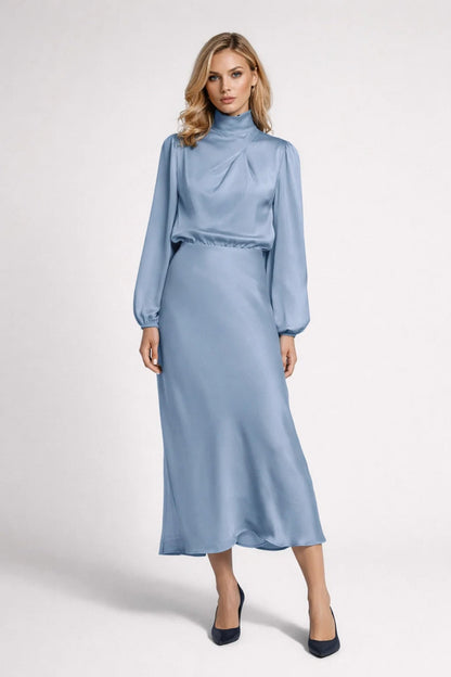 Women's Midi Dress Light Blue Satin Elegant for Formal and Cocktail Occasions - 1