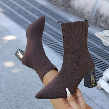 Women's Pointed-Toe Stretch-Knit Heel Boots in Brown – product view | Hensley London