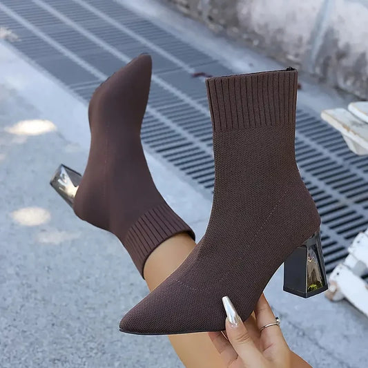 Women's Pointed-Toe Stretch-Knit Heel Boots in Brown – product view | Hensley London