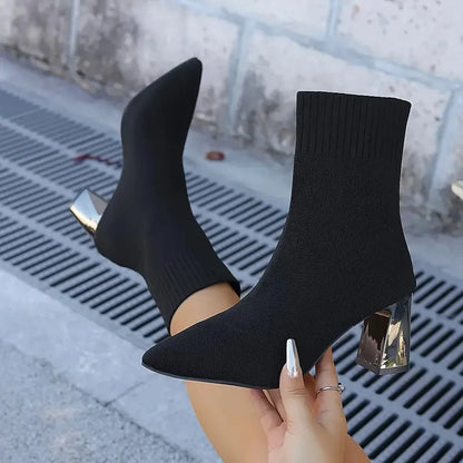 Women's Pointed-Toe Stretch-Knit Heel Boots – additional product view | Hensley London