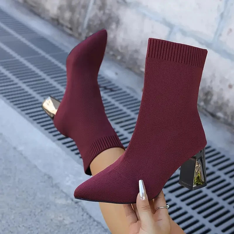 Women's Pointed-Toe Stretch-Knit Heel Boots – additional product view | Hensley London