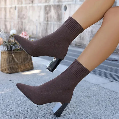 Women's Pointed-Toe Stretch-Knit Heel Boots – additional product view | Hensley London