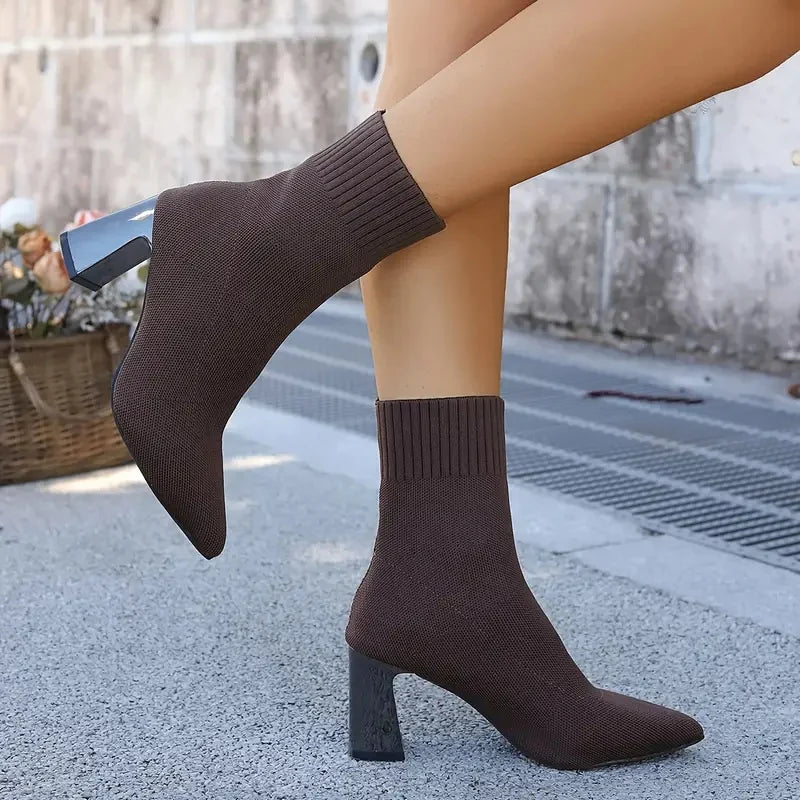 Women's Pointed-Toe Stretch-Knit Heel Boots – additional product view | Hensley London