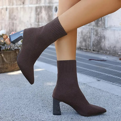 Women's Pointed-Toe Stretch-Knit Heel Boots – additional product view | Hensley London