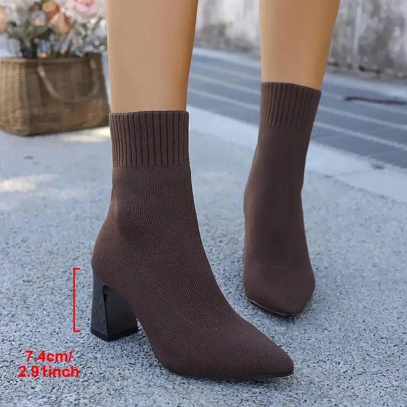 Women's Pointed-Toe Stretch-Knit Heel Boots – additional product view | Hensley London