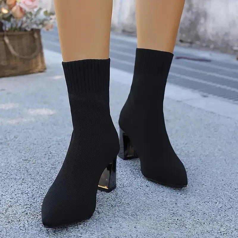 Women's Pointed-Toe Stretch-Knit Heel Boots – additional product view | Hensley London