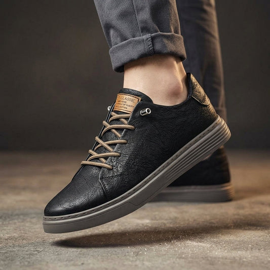 Men's Leather Orthopedic Comfort Sneakers in Black – front view | Hensley London
